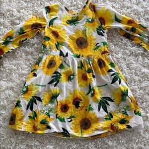 Sunflower Print Long-Sleeve Kids Dress - Yellow Floral